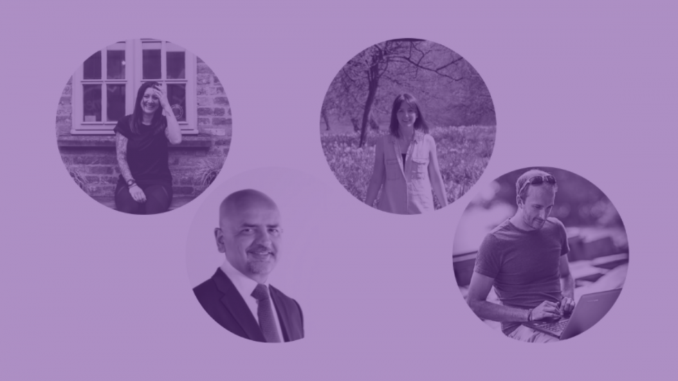 Image with a plain background and four photos of people within circles. The people are the four founders of the Better Business Network; Hannah, Lee, Kate and Ben. Image has a purple filter.